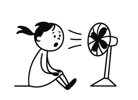 a young girl with seasonal stress using a fan to cool down.