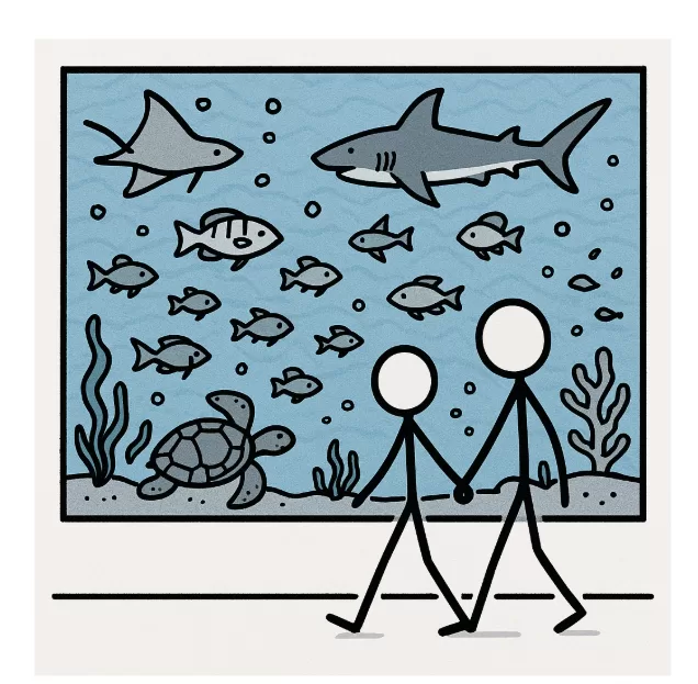 A couple walking in front of a window at the aquarium