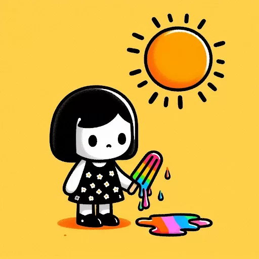 A cartoon of a child wearing black and white holding a rainbow popsicle melting under an orange sun