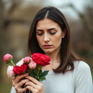 Woman holding flowers dealing with grief