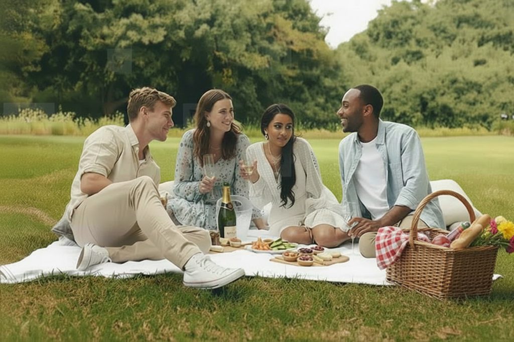 a picture of friends having a picnic in the outdoors